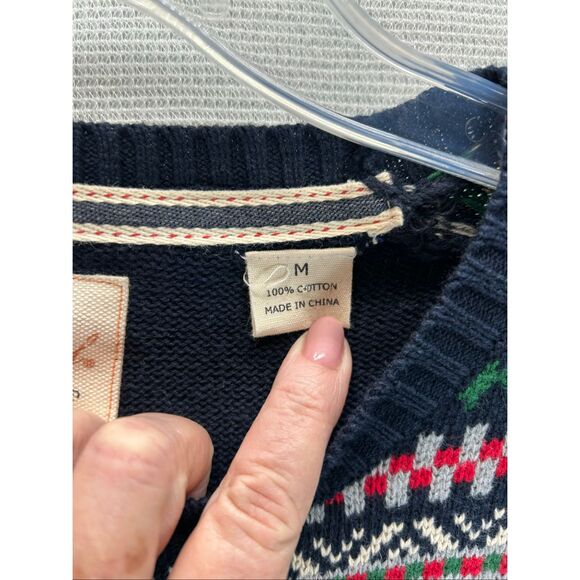 Men’s M Fair Isle Knit Sweater Navy Multicolor 100% Cotton Winter Holiday - Picture 3 of 7